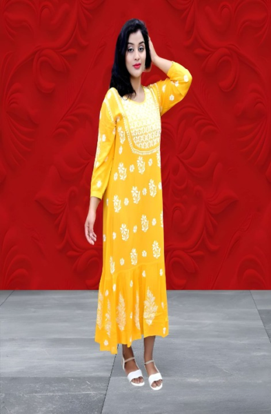 ZIKRA MODAL YELLOW FLORAL CHIKANKARI KURTI