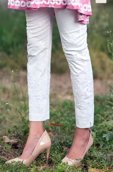 WHITE MAYURI LYCRA STRAIGHT CHIKANKARI CIGARETTE PANT