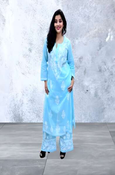 FIZA MULMUL STRAIGHT CHIKANKARI KURTI & PALZOO SET