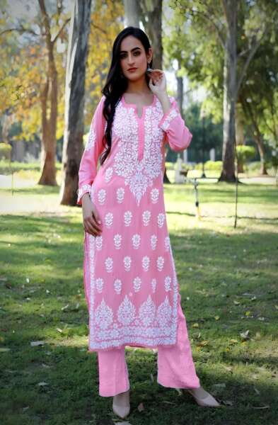 MAHEK MODAL BABY PINK STRAIGHT LUCKNOWI CHIKANKARI KURTI WITH PALAZZO SET