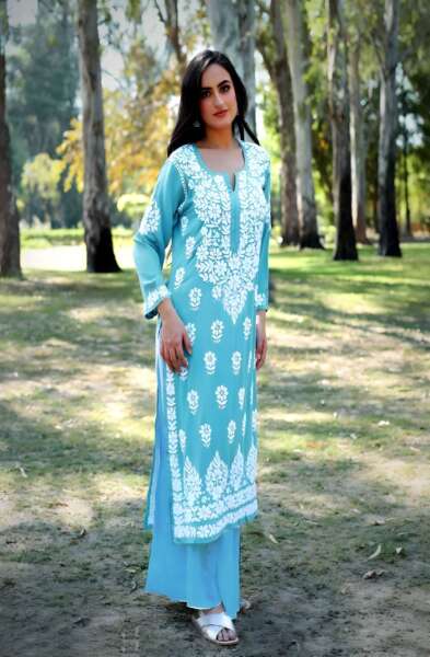 MAHEK MODAL MINT BLUE STRAIGHT LUCKNOWI CHIKANKARI KURTI WITH PALAZZO SET