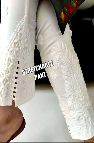 LEHZA WHITE LYCRA CHIKANKARI STRAIGHT SLID CUT PANT