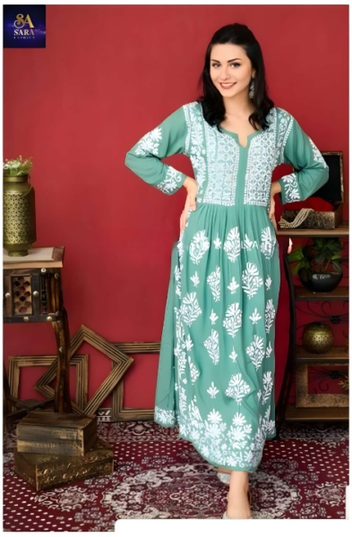 AMALIA GREEN MODAL FLORAL CHIKANKARI KURTI