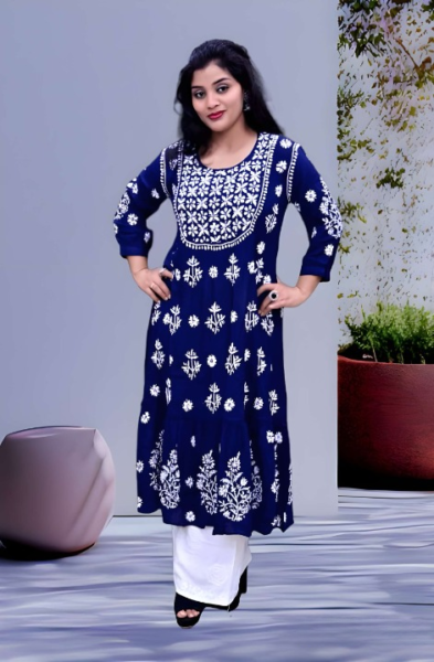 ZIKRA MODAL ROYAL BLUE FLORAL CHIKANKARI KURTI