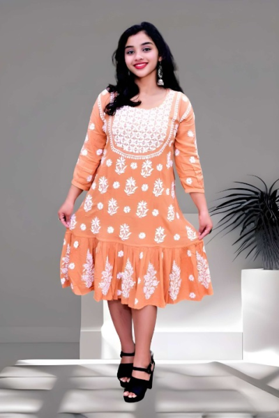 ZIKRA MODAL PEACH FLORAL CHIKANKARI KURTI