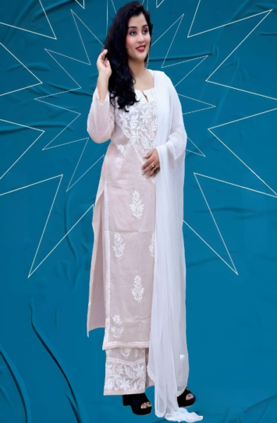 MALAK MULMUL STRAIGHT CHIKANKARI KURTI & PALZOO SET