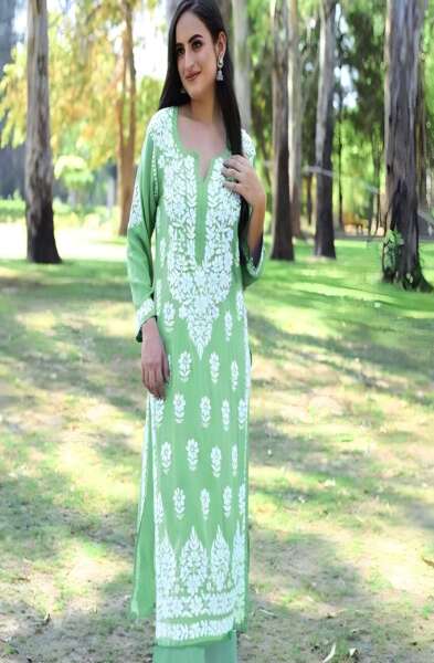 MAHEK MODAL SEA GREEN STRAIGHT LUCKNOWI CHIKANKARI KURTI WITH PALAZZO SET
