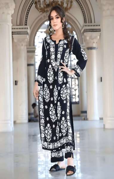 SHIA RAYON Z-BLACK CHIKANKARI STRAIGHT KURTI PALAZZO SET