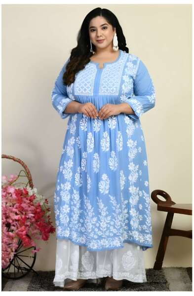 AMALIA SKY BLUE MODAL FLORAL CHIKANKARI KURTI