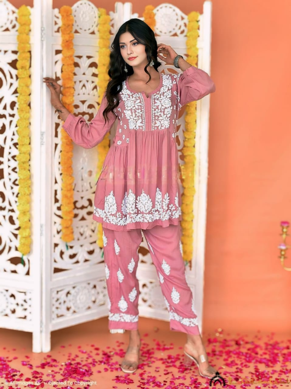 Roza Modal Latte Pink Short Kurti & Pant 3