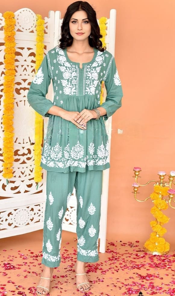 Roza Modal Turquoise Green Short Kurti & Pant 2