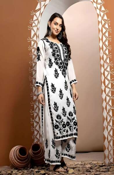 Black Jugni Rayon Chikankari Straight Kurti with Palazzo Bottom Set