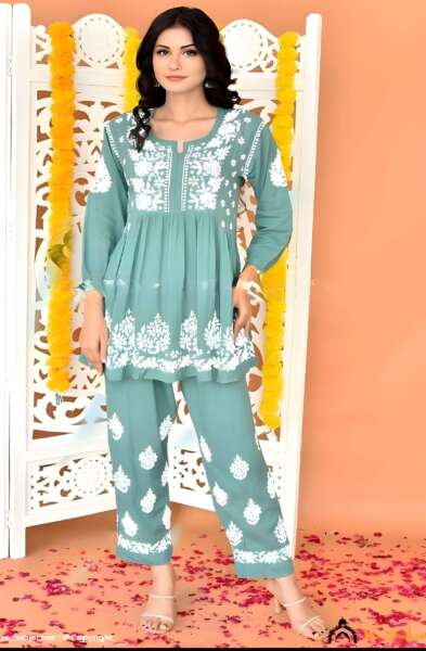ROZA MODAL TURQUOISE GREEN LUCKNOWI CHIKANKARI SHORT KURTI WITH PANT SET
