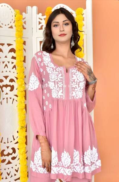 ROZA MODAL LATTE PINK LUCKNOWI CHIKANKARI SHORT KURTI WITH PANT SET