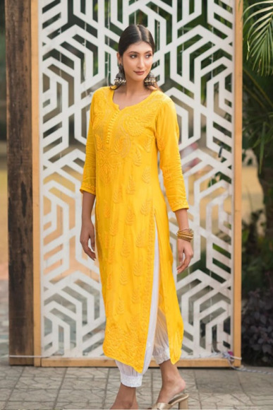 ALIYA MUSLIN CHIKANKARI KURTI Yellow