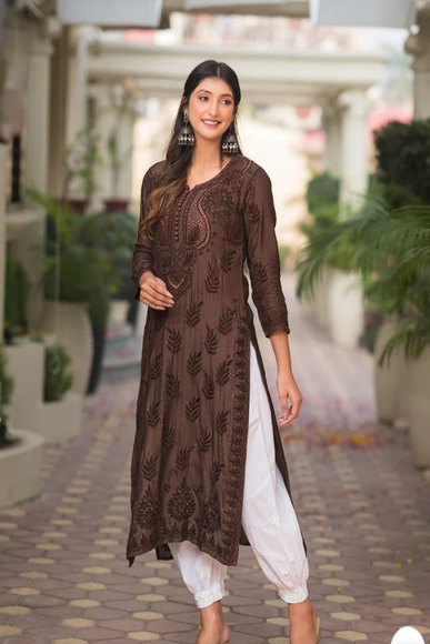 ALIYA MUSLIN CHIKANKARI KURTI chocolate